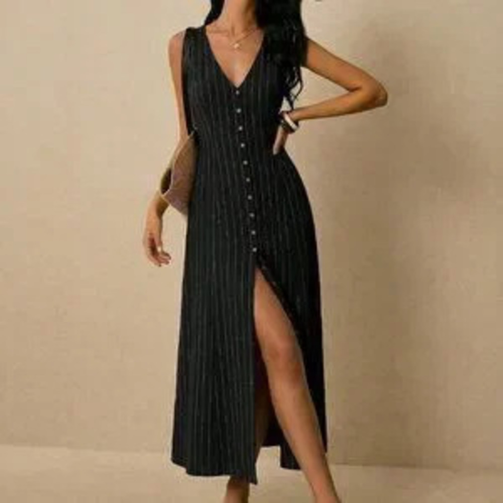 ZARA Black Casual Women's Striped V-Neck Single-Breasted Sleeveless Dress